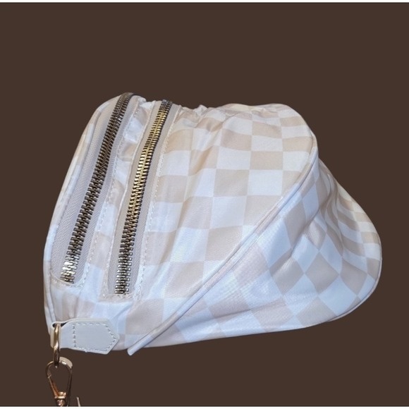 Beige Checkered Crossbody Bag Nylon Gold Hardware Adjustable Wide Strap Bum... - Picture 10 of 13